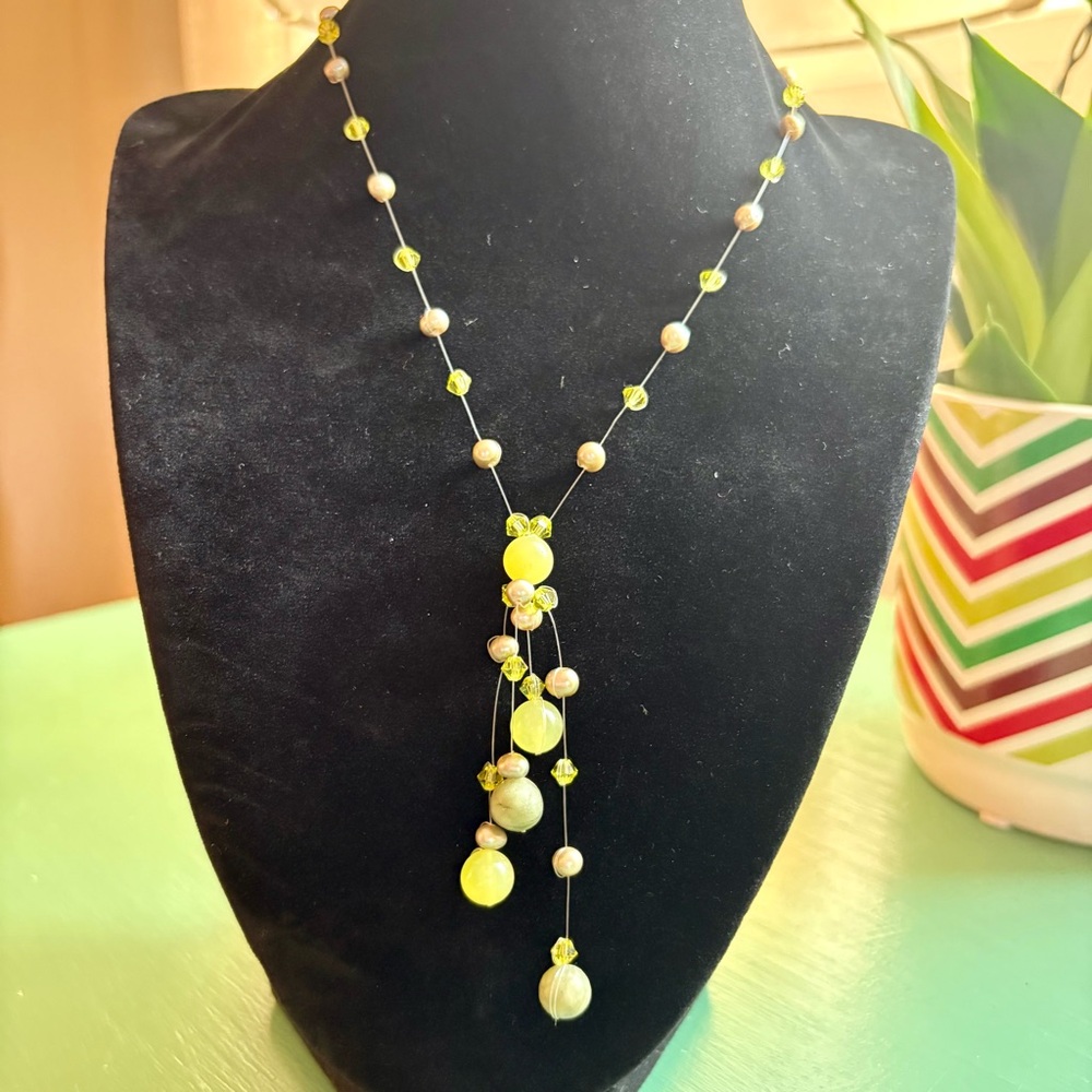 Green & Silver Beaded Y Drop Necklace